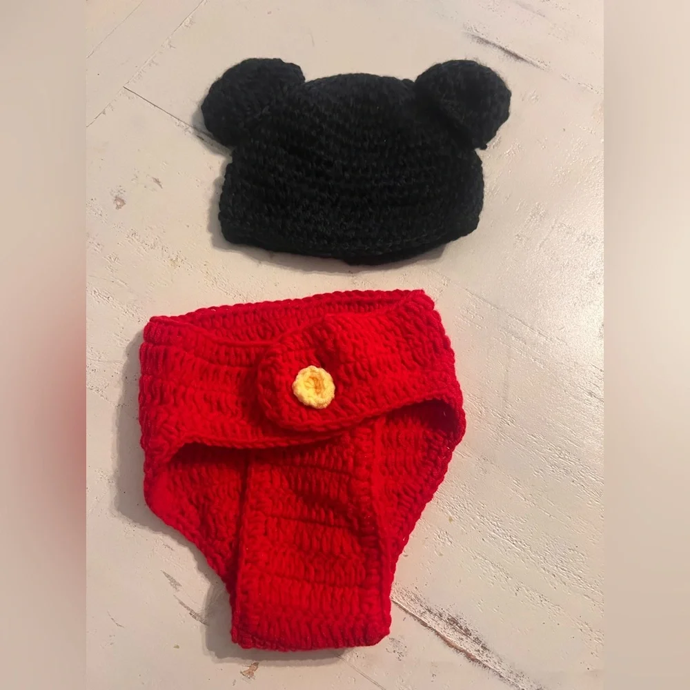 Mickey Mouse crochet newborn photo outfit.